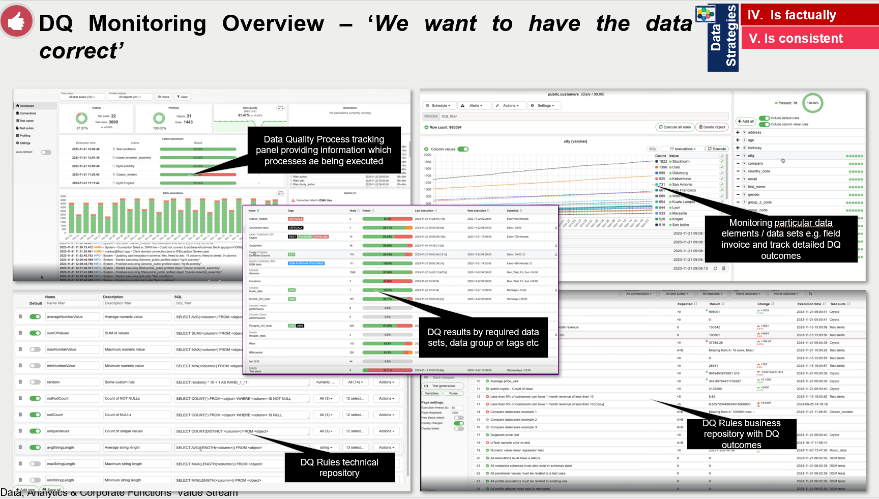 Data quality monitoring examples with execution tracking, detailed field checks, grouped quality results, a technical rule repository and business-rule outcomes.
