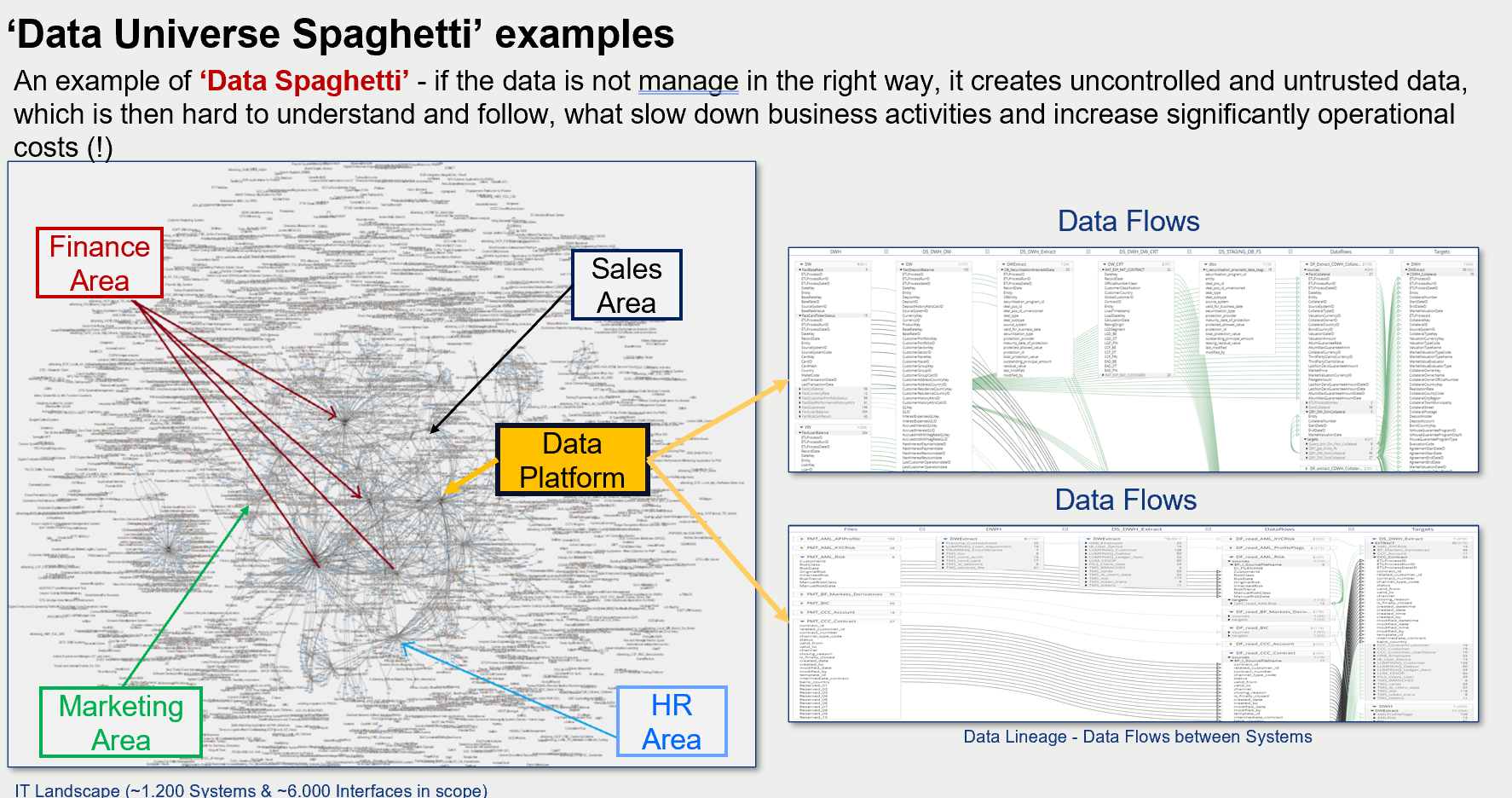 Data Universe example showing a dense enterprise system landscape linked to Finance, Sales, Marketing, HR and a central Data Platform, with two detailed data-flow views.