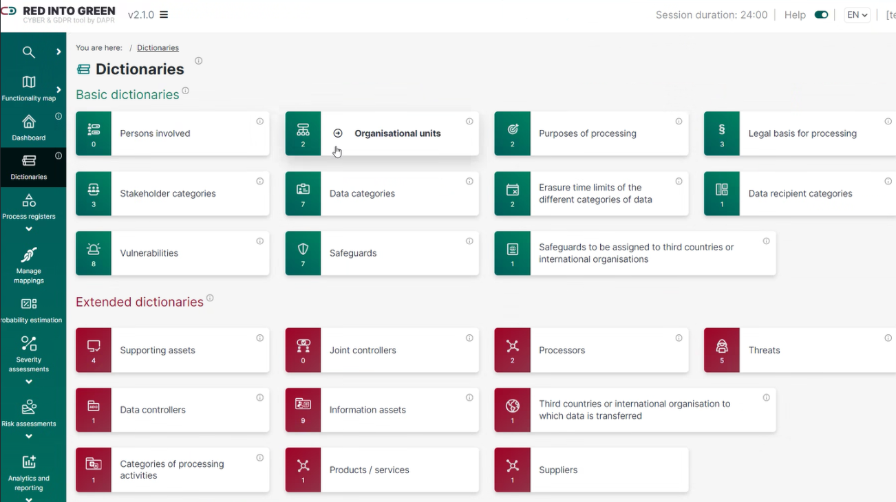 Red Into Green dictionaries connect data categories, processing purposes, legal bases, safeguards and information assets.