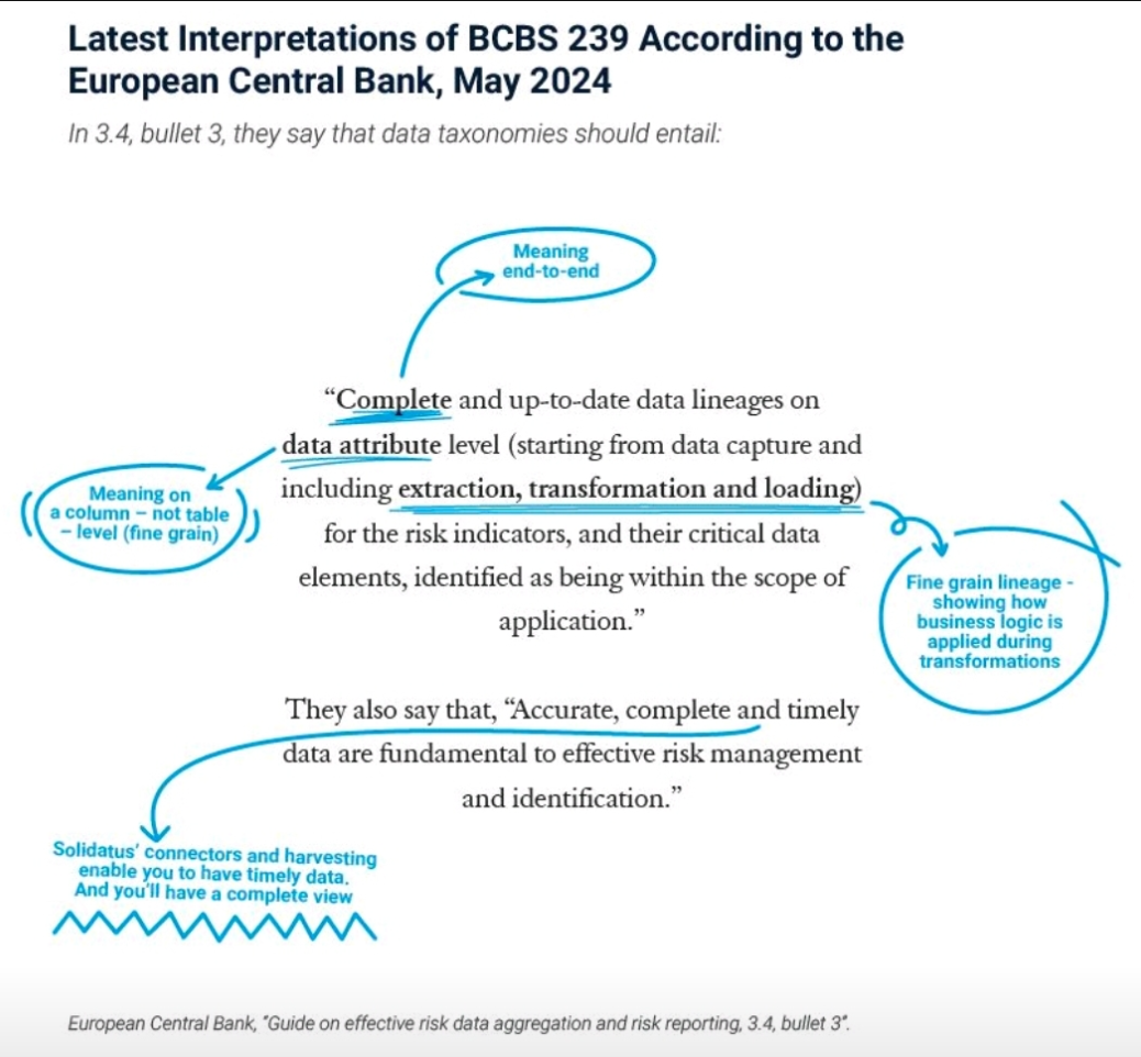 Annotated screenshot headed Latest Interpretations of BCBS 239 According to the European Central Bank, May 2024, showing end-to-end attribute-level data lineage, extraction, transformation and loading, critical data elements, and accurate, complete and timely risk data.